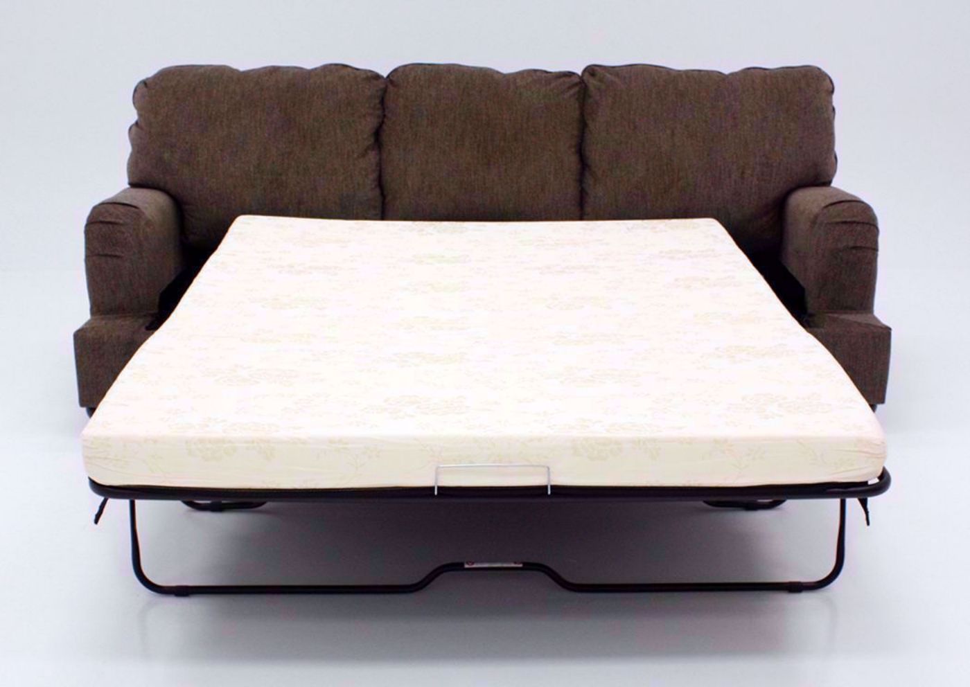View from Foot of Bed on Opened Brown Braemer Sleeper Sofa and Mattress by Ashley Furniture | Home Furniture + Mattress