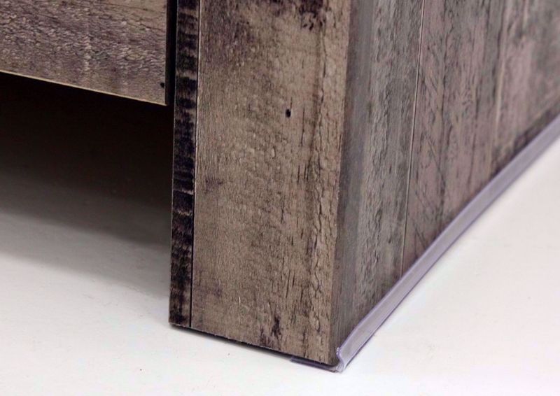 Close Up of Bottom Corner of Rustic Gray Brown Derekson Nightstand by Ashley Furniture | Home Furniture Plus Mattress