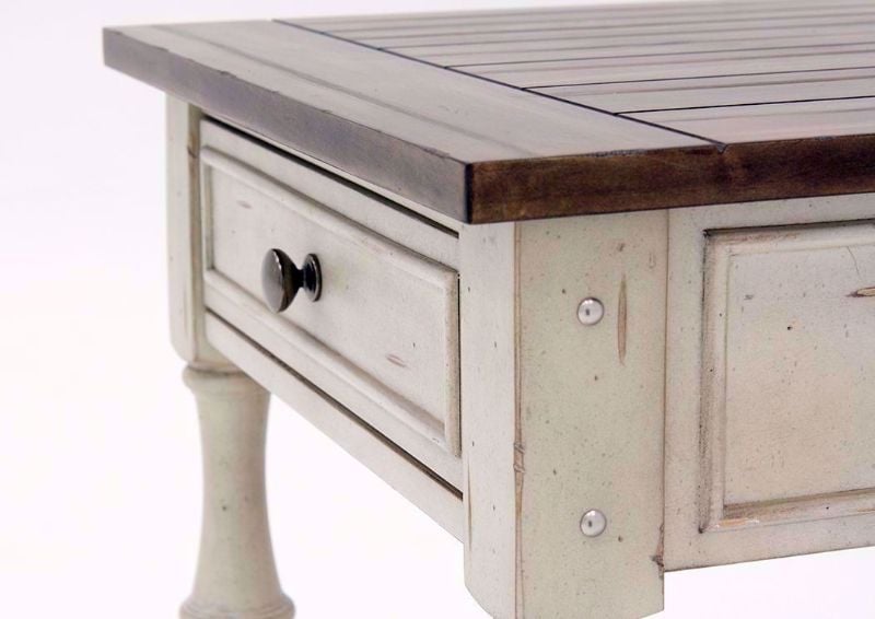 White and Brown Morgan Creek End Table Showing the Drawer Front | Home Furniture Plus Mattress