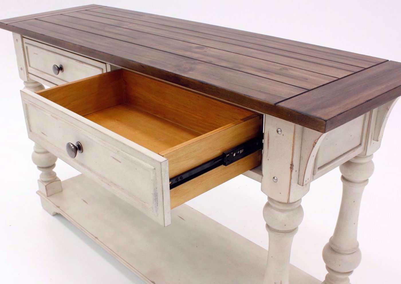 White and Brown Morgan Creek Sofa/Console Table Showing the Drawer in an Open Position | Home Furniture Plus Mattress