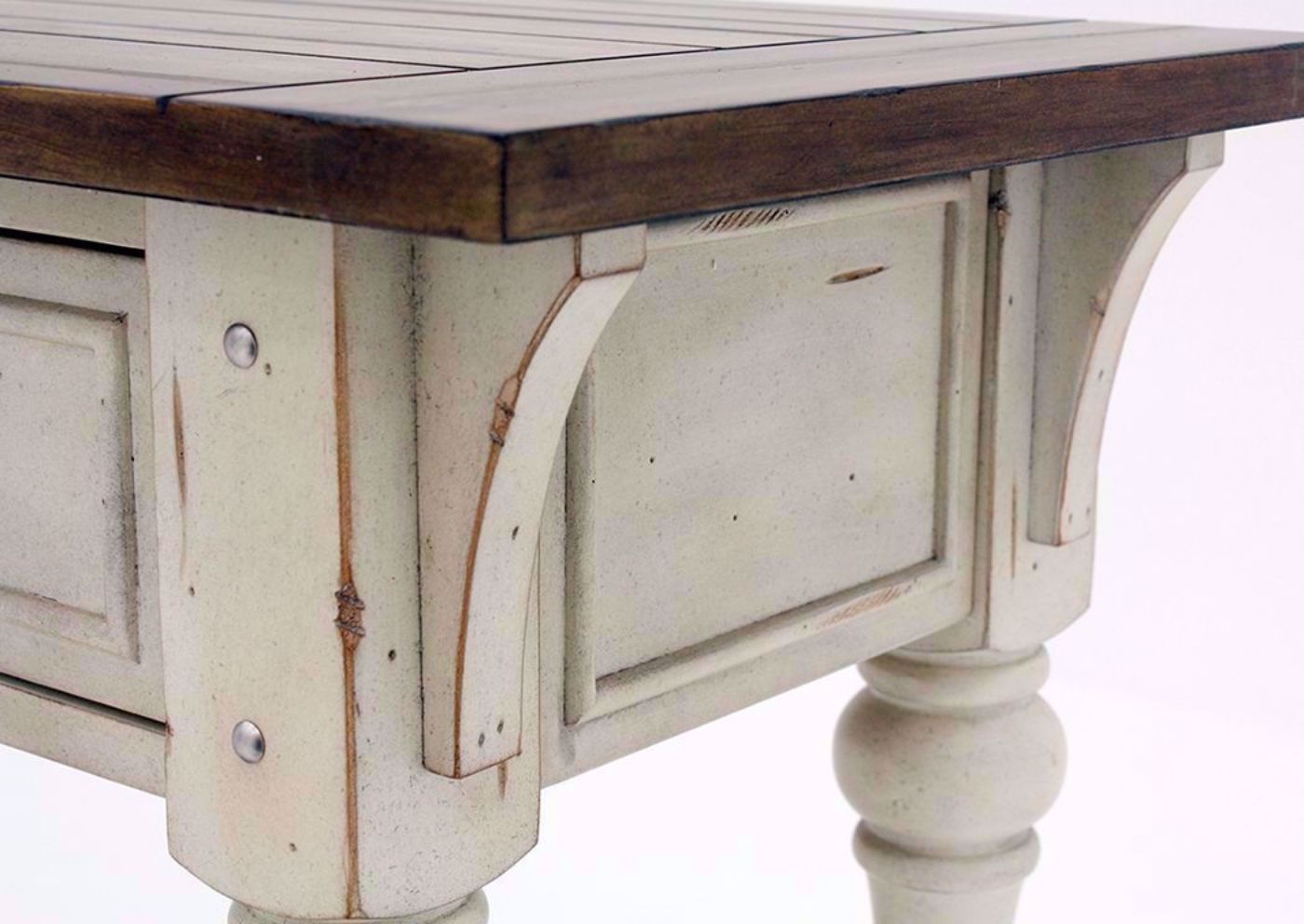 White and Brown Morgan Creek Sofa/Console Table Showing the Decorative Wood Detail | Home Furniture Plus Mattress