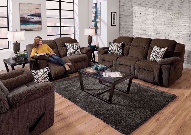 Dark Brown Microfiber Upholstered Donnelly Sofa Set by Franklin. Includes Reclining Sofa, Reclining Loveseat, Recliner and Accent Pillows | Home Furniture Plus Bedding