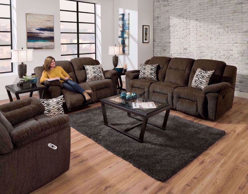 Dark Brown Microfiber Upholstered Donnelly Power Activated Reclining Sofa Set by Franklin. Includes Reclining Sofa, Reclining Loveseat, Recliner and Accent Pillows | Home Furniture Plus Bedding