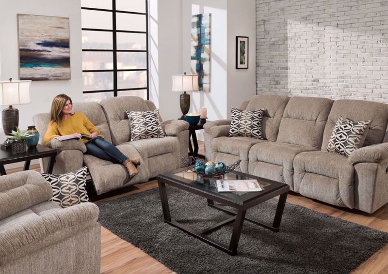 Tan Microfiber Upholstered Donnelly Power Activated Reclining Living Room Set by Franklin in a Room Setting. Includes Power Activated Reclining Sofa, Loveseat and Recliner | Home Furniture Plus Bedding