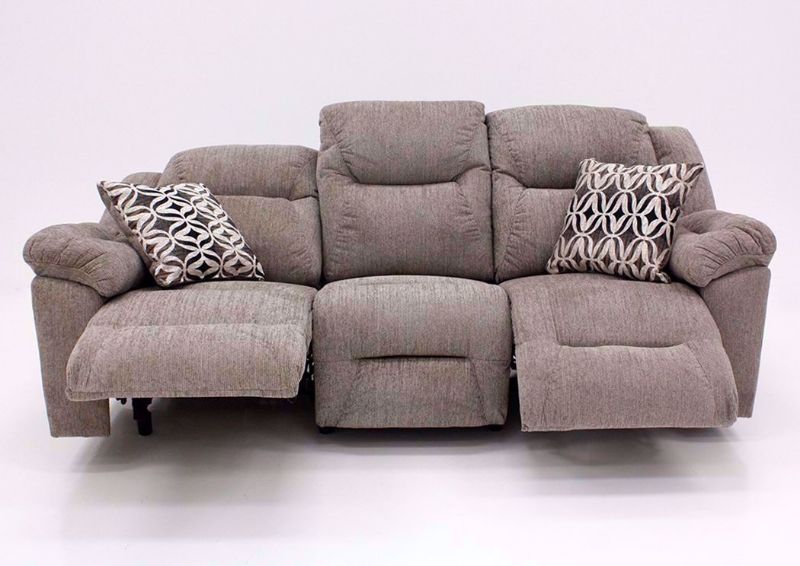 Front Facing View of Partially Reclined Dual Recliners on the Tan Donnelly Power Activated Sofa by Franklin | Home Furniture Plus Bedding