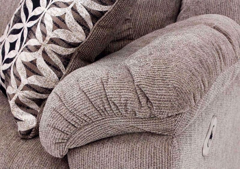 Close Up View of Padded Arms and Accent Pillow on the Tan Donnelly Power Activated Sofa by Franklin | Home Furniture Plus Bedding