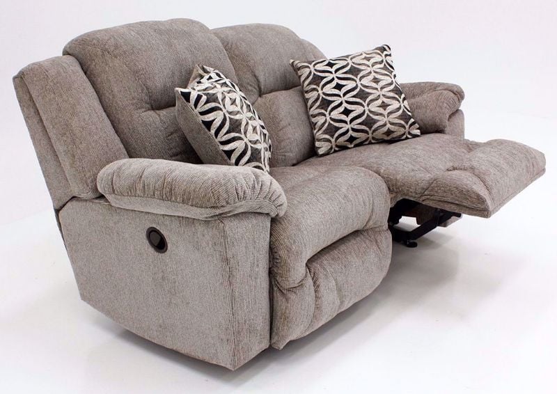 Slightly Angled View of the Donnelly Rocking Reclining Loveseat – Tan with Recliner Open | Home Furniture Plus Bedding