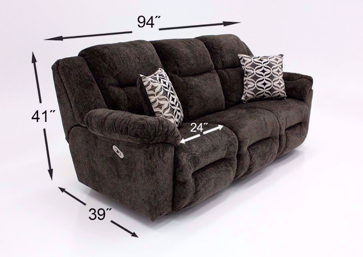 Dark Brown Microfiber Upholstered Donnelly Power Activated Reclining Sofa by Franklin with Dimensions and  Accent Pillows | Home Furniture Plus Bedding