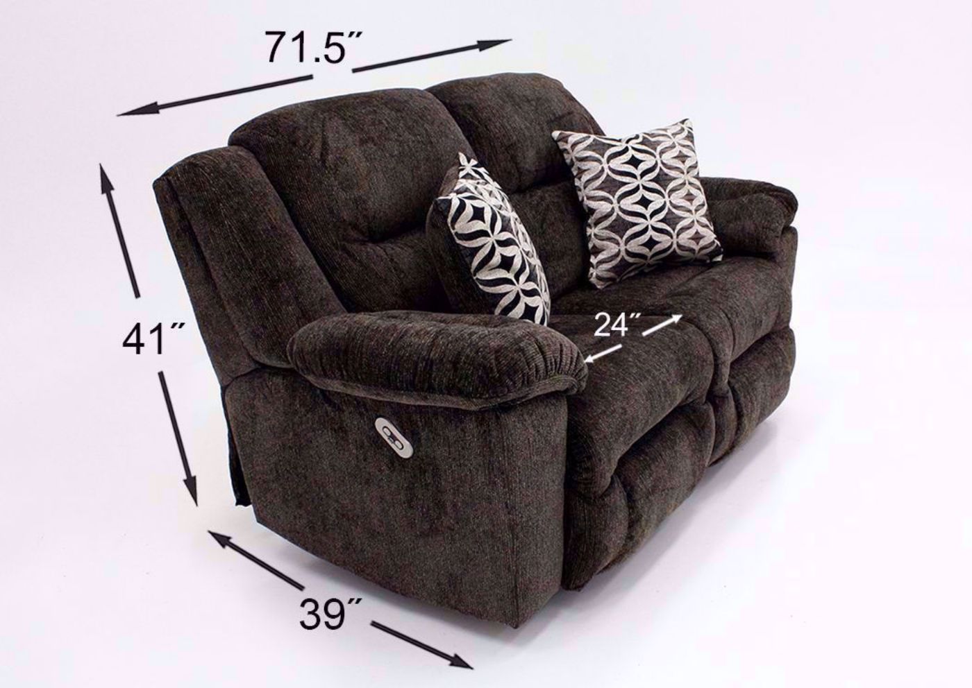 Dark Brown Microfiber Upholstered Donnelly Power Activated Reclining Loveseat by Franklin with Dimensions and Accent Pillows | Home Furniture Plus Bedding