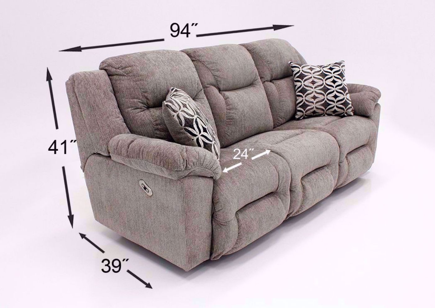 Dimension Details for Tan Microfiber Upholstered Donnelly Power Activated Reclining Sofa by Franklin. Includes Accent Pillows | Home Furniture Plus Bedding
