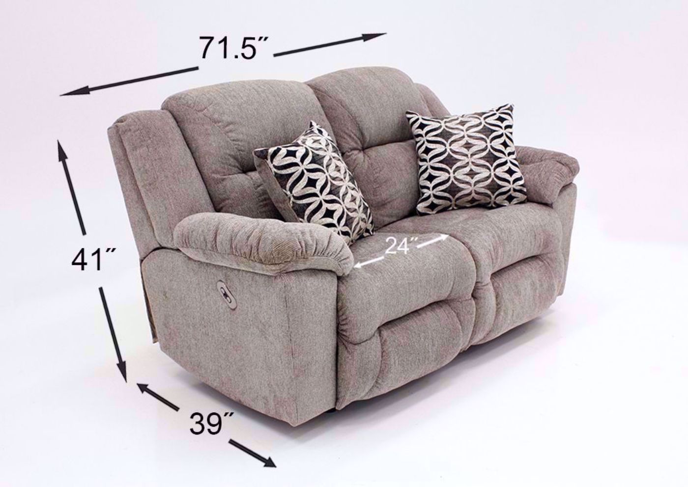 Dimension Details for Tan Microfiber Upholstered Donnelly Power Activated Reclining Loveseat by Franklin. Includes Accent Pillows | Home Furniture Plus Bedding
