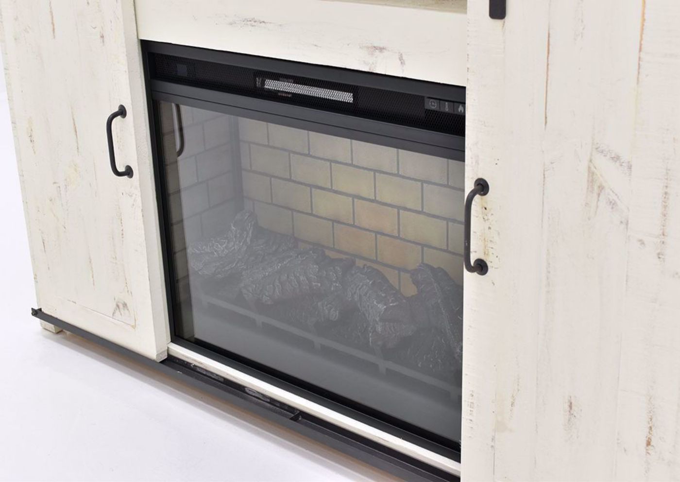 All White Maverick TV Stand with Fireplace Showing a Close Up Vie with the Barn Doors Open | Home Furniture Plus Bedding