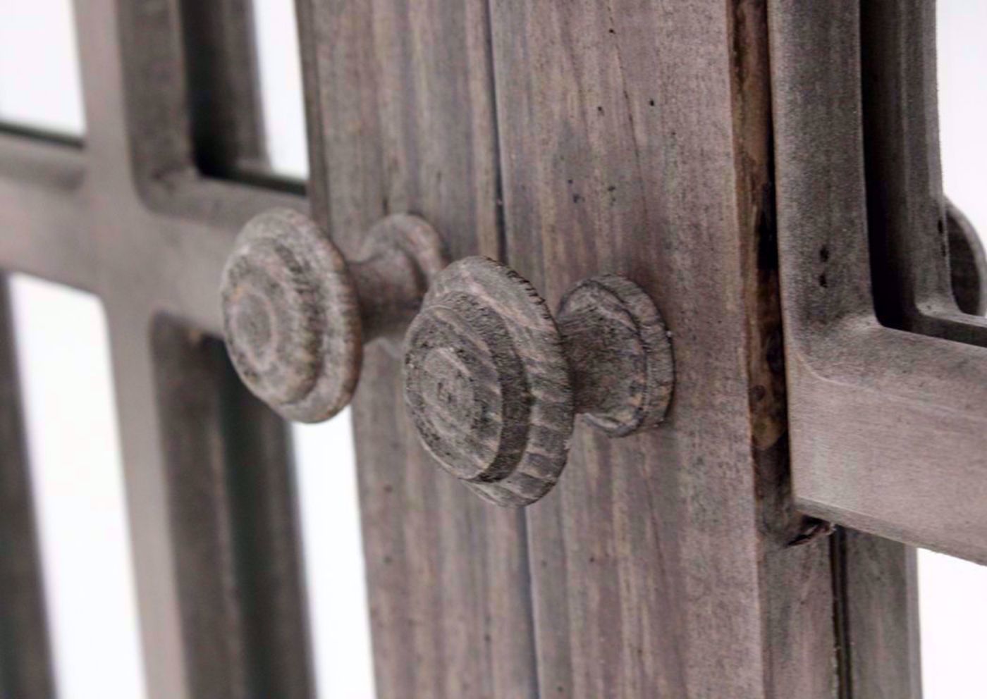 Distressed Gray Cathedral 2 Door Cabinet Showing the Wood Door Knobs | Home Furniture Plus Bedding