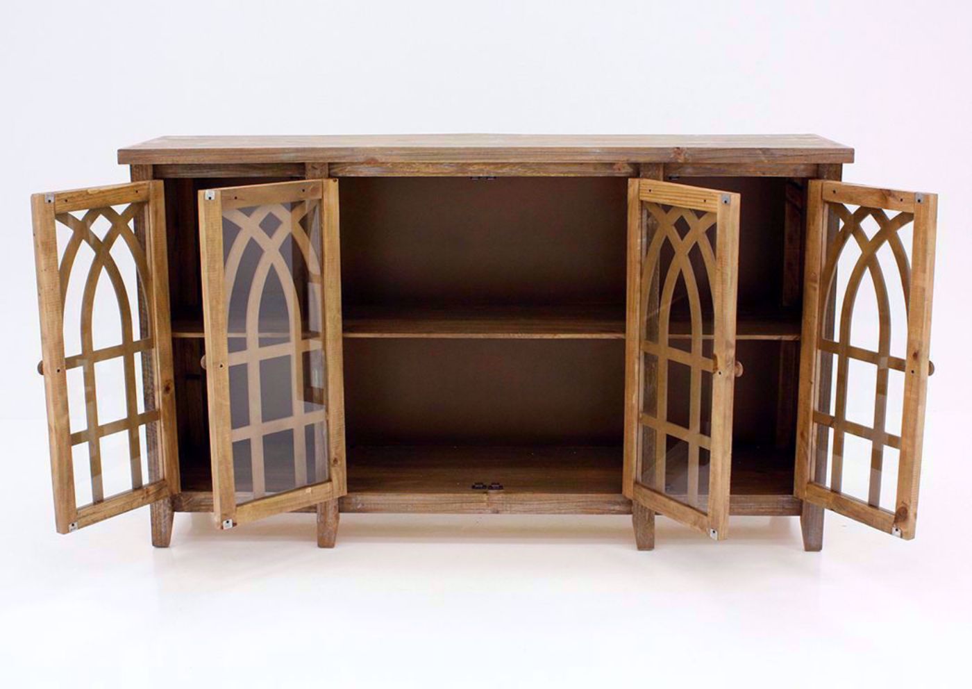 Light Brown Cathedral 4 Door Cabinet Facing Front With the Doors Open | Home Furniture Plus Bedding