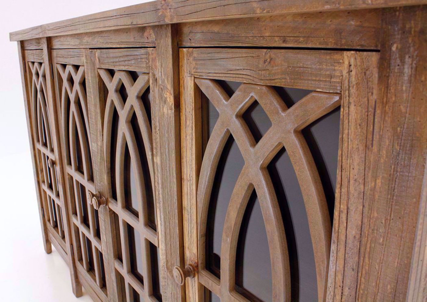 Light Brown Cathedral 4 Door Cabinet Showing the Decorative Doors | Home Furniture Plus Bedding