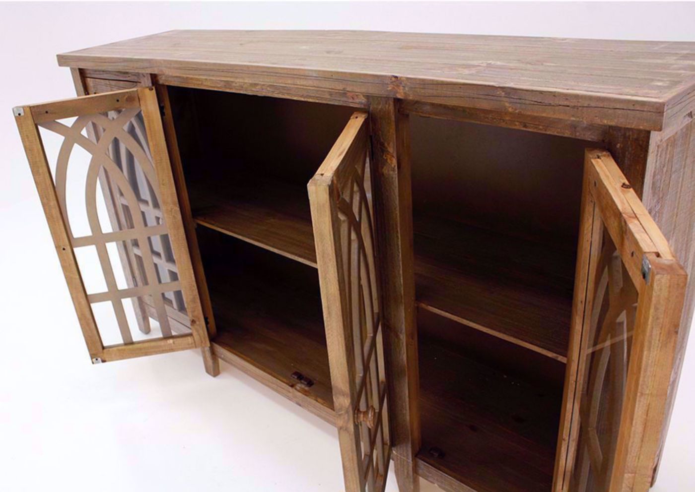 Light Brown Cathedral 4 Door Cabinet at an Angle with the Doors Open Showing the Shelves | Home Furniture Plus Bedding