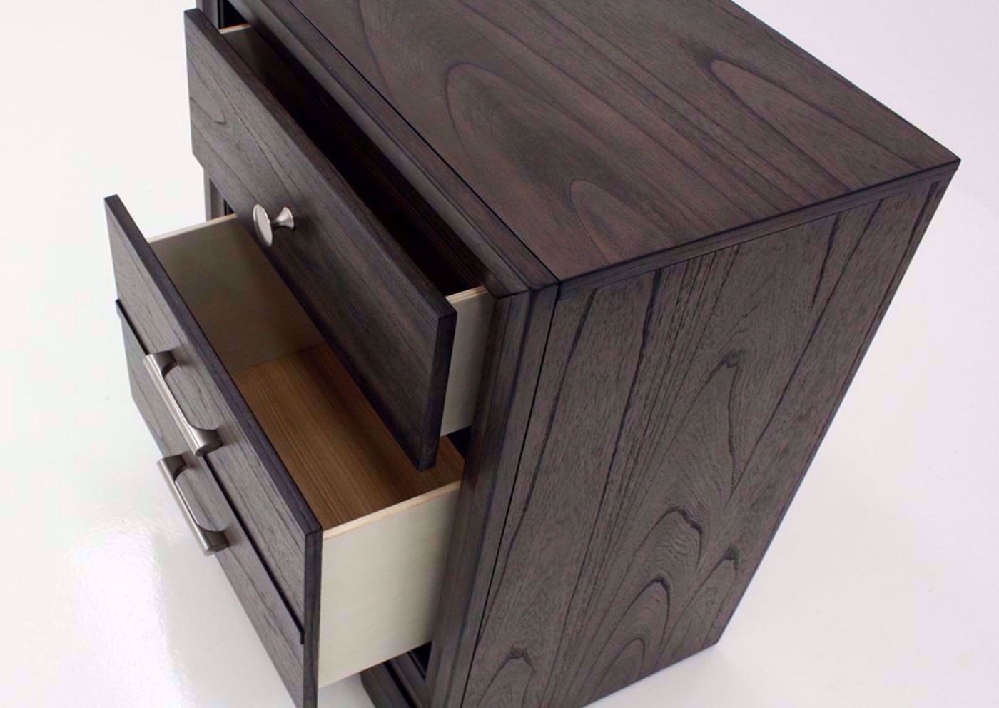 Dark Brown Jaymes Nightstand, Brown at an  Angle With the Drawers Open | Home Furniture Plus Mattress