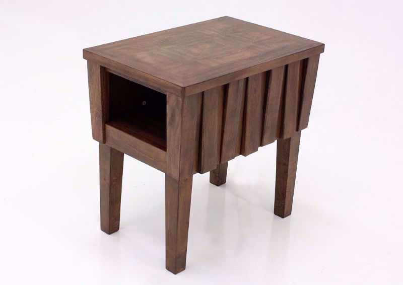 Side Angle View of the Light Brown Rowenbeck Chairside End Table by Ashley Furniture | Home Furniture Plus Bedding