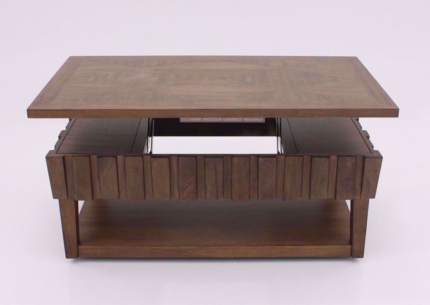 Long Side View of Lifted Table Top on Light Brown Rowenbeck Lift Top Coffee Table by Ashley Furniture | Home Furniture Plus Bedding