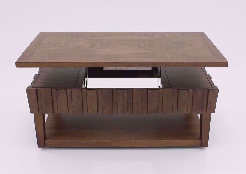 Long Side View of Lifted Table Top on Light Brown Rowenbeck Lift Top Coffee Table by Ashley Furniture | Home Furniture Plus Bedding