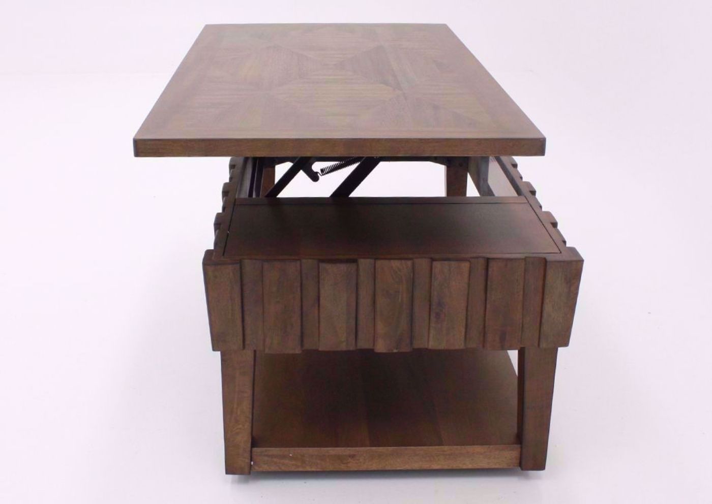 Side View of Lifted Table Top on Light Brown Rowenbeck Lift Top Coffee Table by Ashley Furniture | Home Furniture Plus Bedding