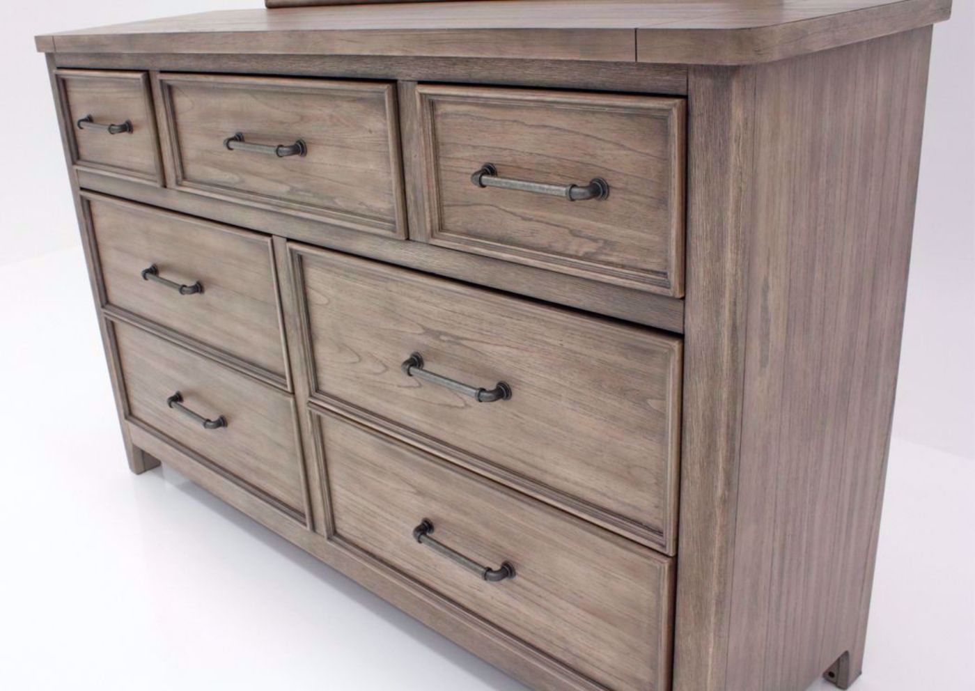 Harper Falls Dresser with Mirror, Weathered Gray, Angle, Drawer Close Up | Home Furniture Plus Bedding