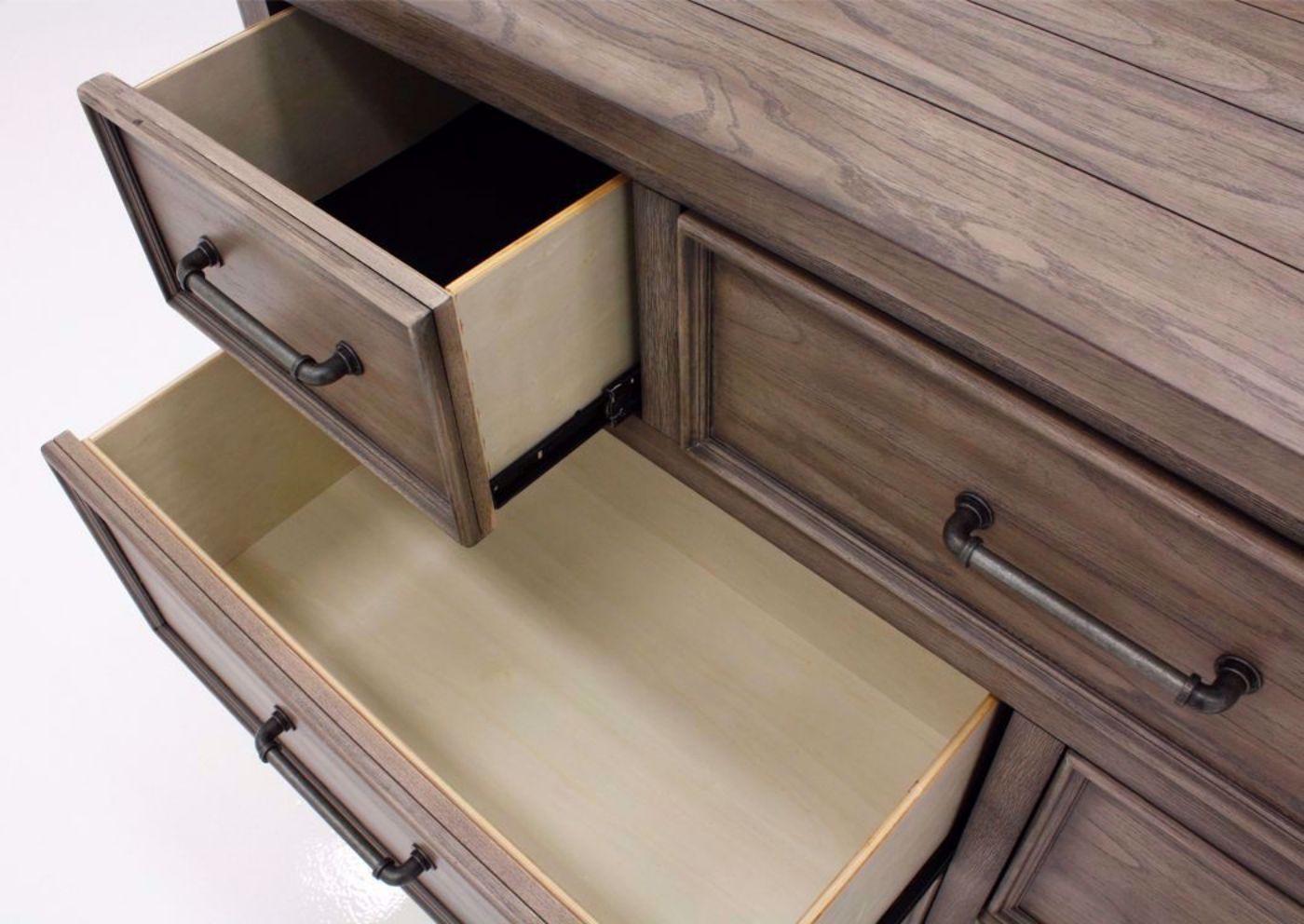 Harper Falls Dresser with Mirror, Weathered Gray, Angle, Drawers Open | Home Furniture Plus Bedding
