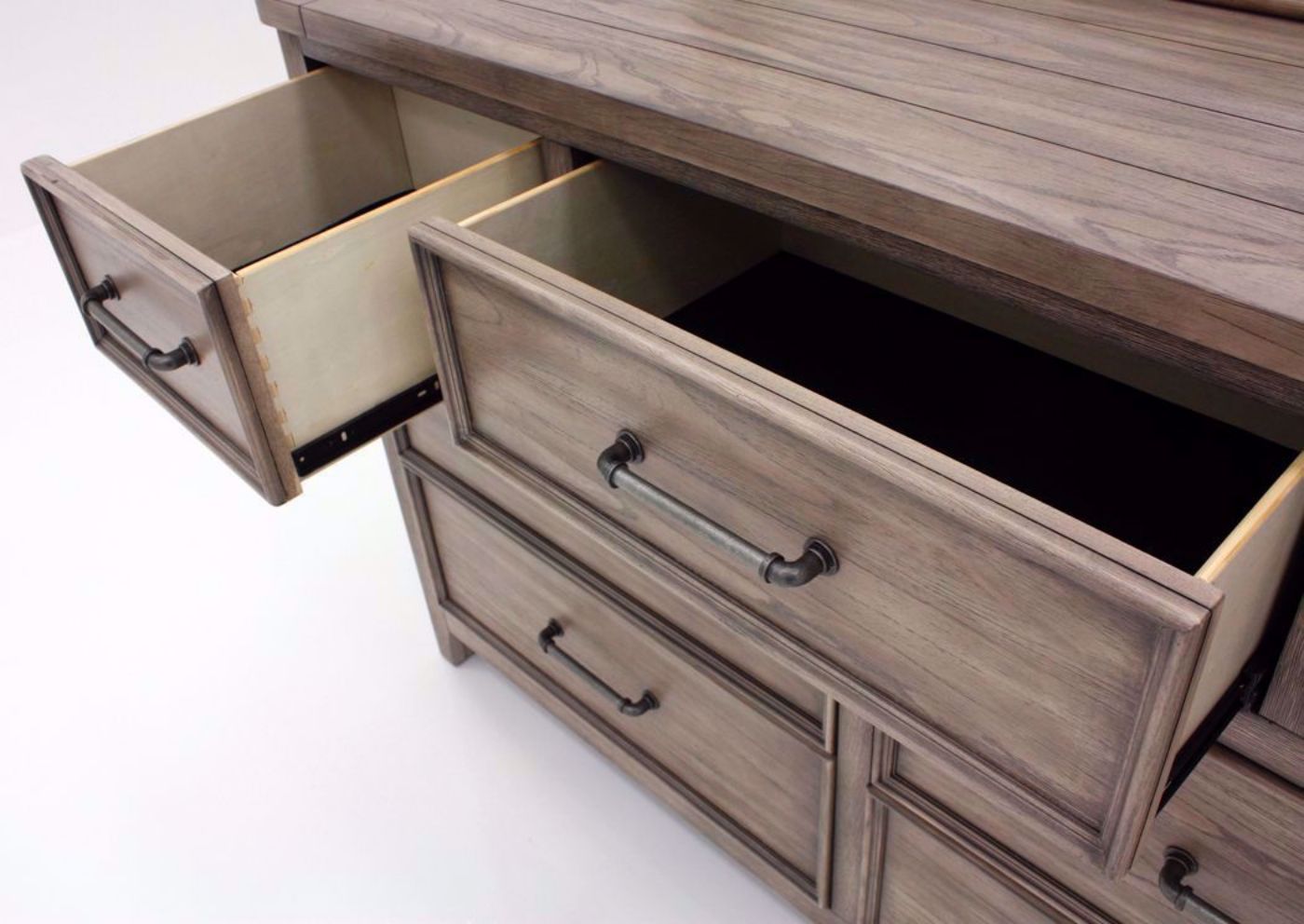 Harper Falls Dresser with Mirror, Weathered Gray, Angle, Drawers Open, View 2 | Home Furniture Plus Bedding