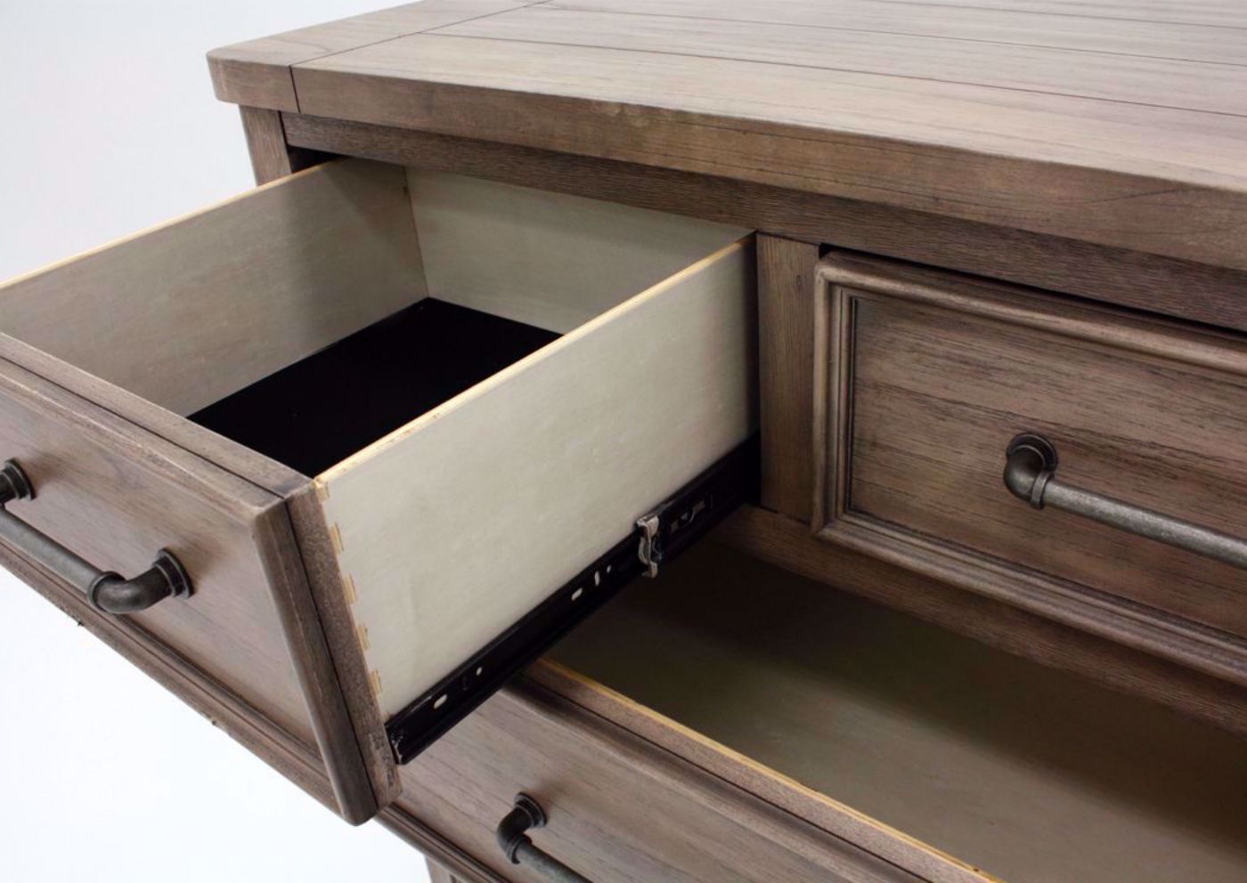 Harper Falls Chest of Drawers, Weathered Gray, Angle, Felt Lined Drawer Detail | Home Furniture Plus Bedding