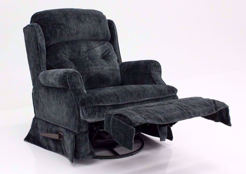 Blue Skirted Carolina Swivel Glider Recliner at an Angle in the Reclined Position | Home Furniture Plus Mattress