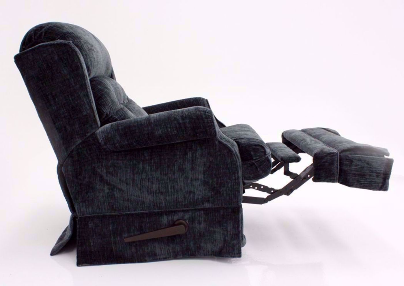 Blue Skirted Carolina Swivel Glider Recliner, Side View in a Reclined Position | Home Furniture Plus Mattress