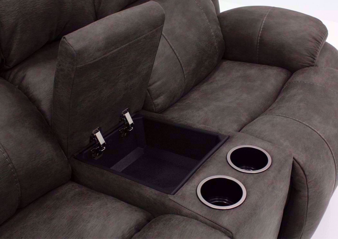 Close Up of the Center Console Storage Area and Cup Holders on the Denali Reclining Loveseat by HomeStretch | Home Furniture Plus Bedding