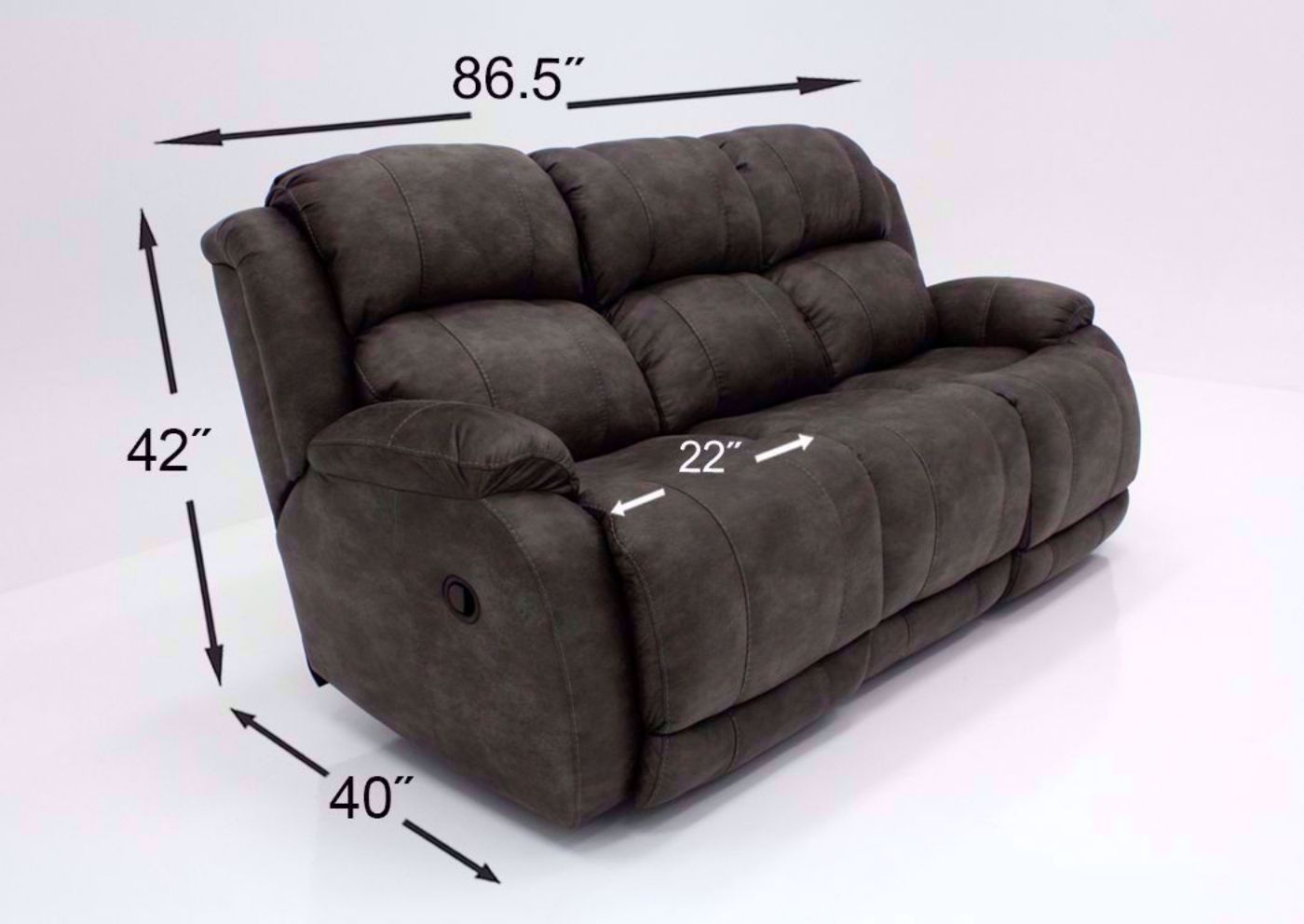 Denali Reclining Sofa by HomeStretch covered in a Steel Gray Microfiber Upholstery with Dimension Details | Home Furniture Plus Bedding