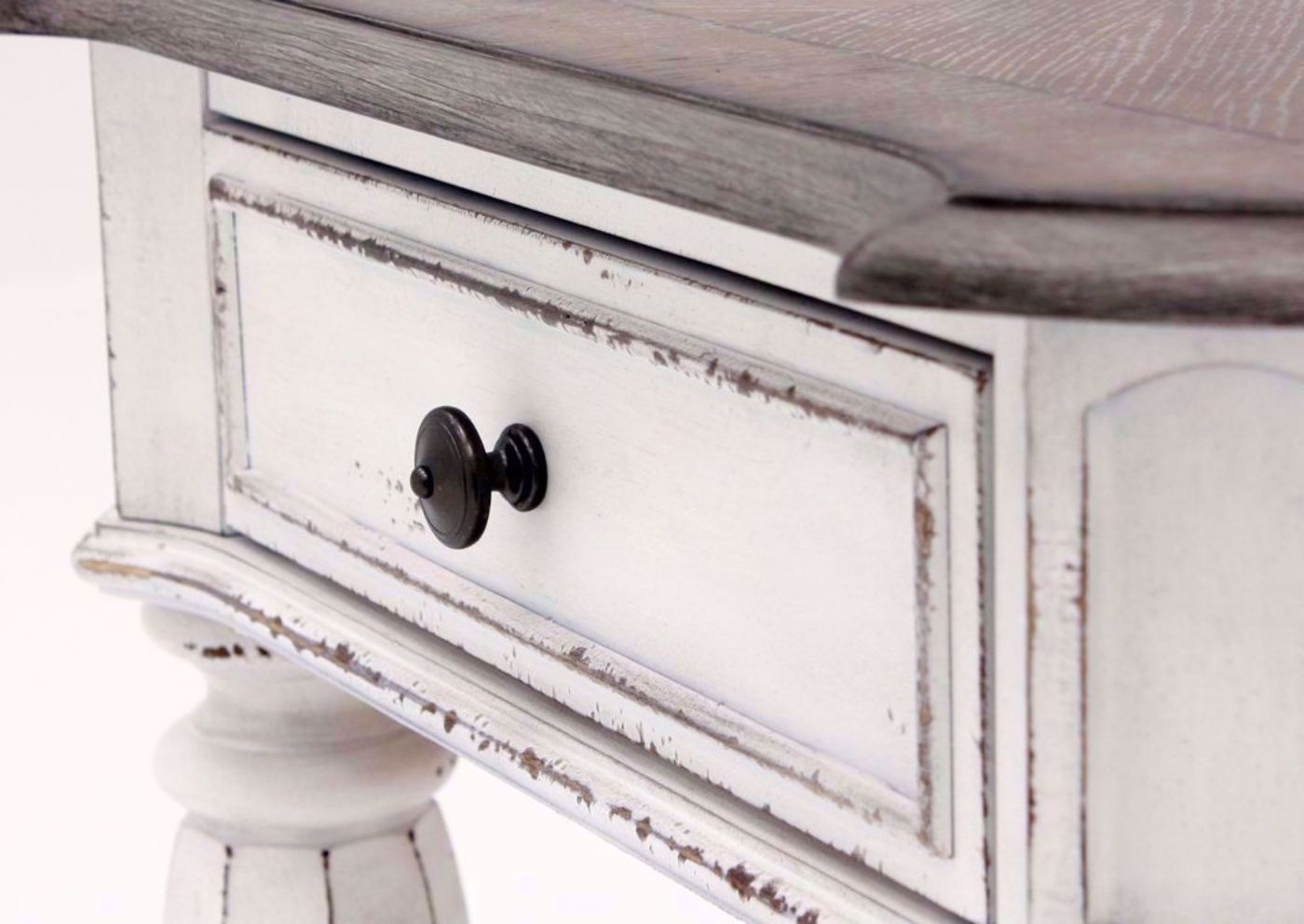 Distressed White Magnolia Manor End Table Showing the Drawer Front Detail | Home Furniture Plus Mattress