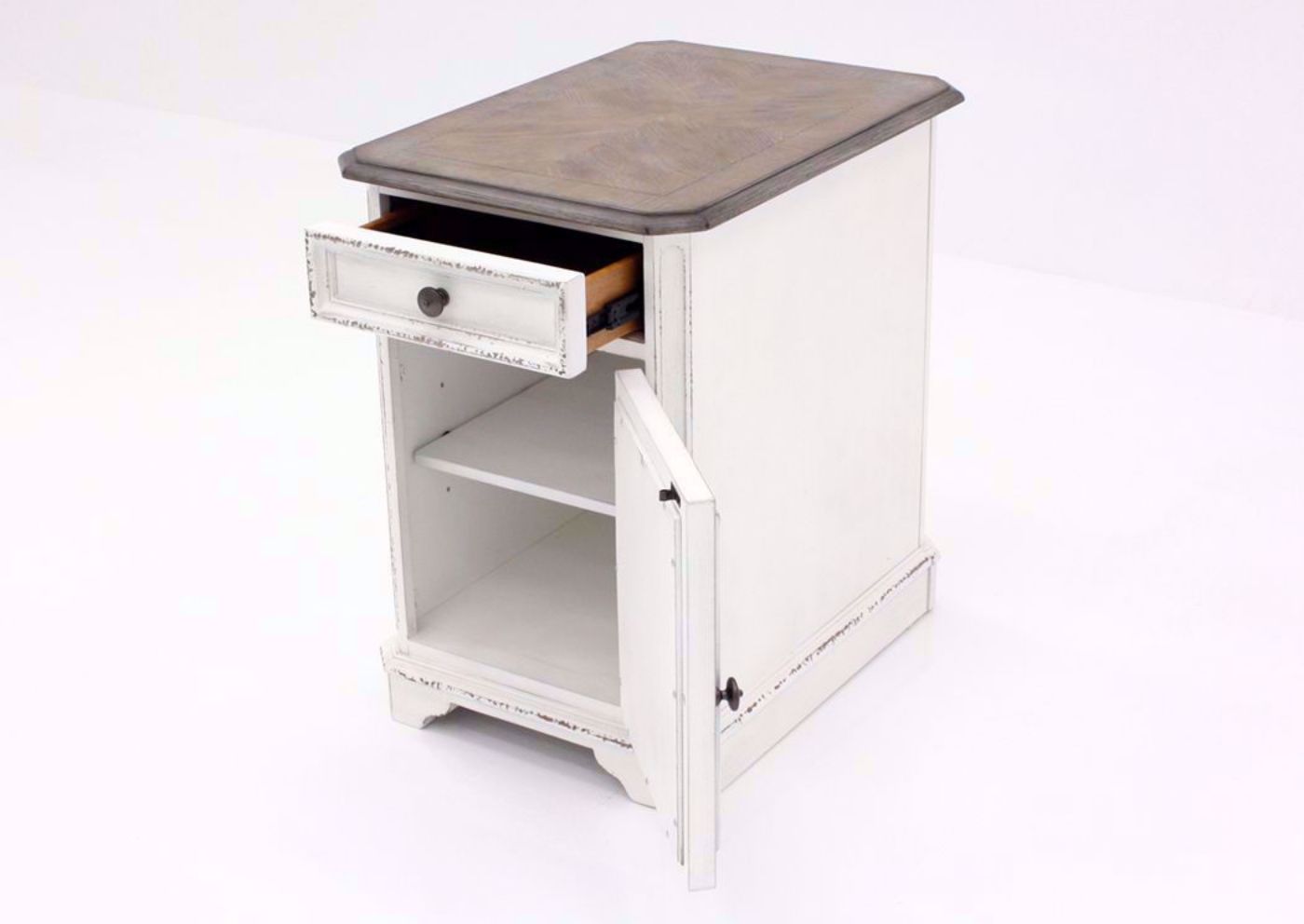 Distressed White Magnolia Manor Chairside End Table at an Angle With the Door and Drawer Open | Home Furniture Plus Mattress