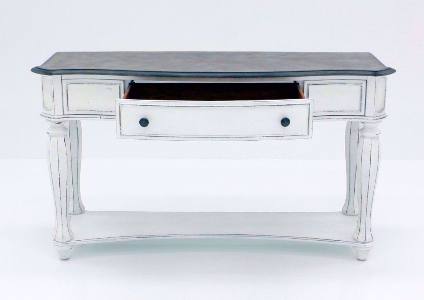 Distressed White Magnolia Manor Sofa/Console Table, Front Facing With the Drawer Open | Home Furniture Plus Mattress