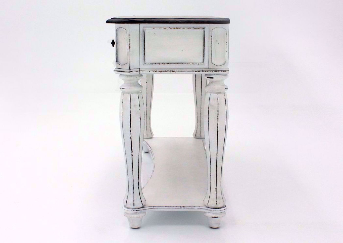 Distressed White Magnolia Manor Sofa/Console Table Showing the Side View | Home Furniture Plus Mattress