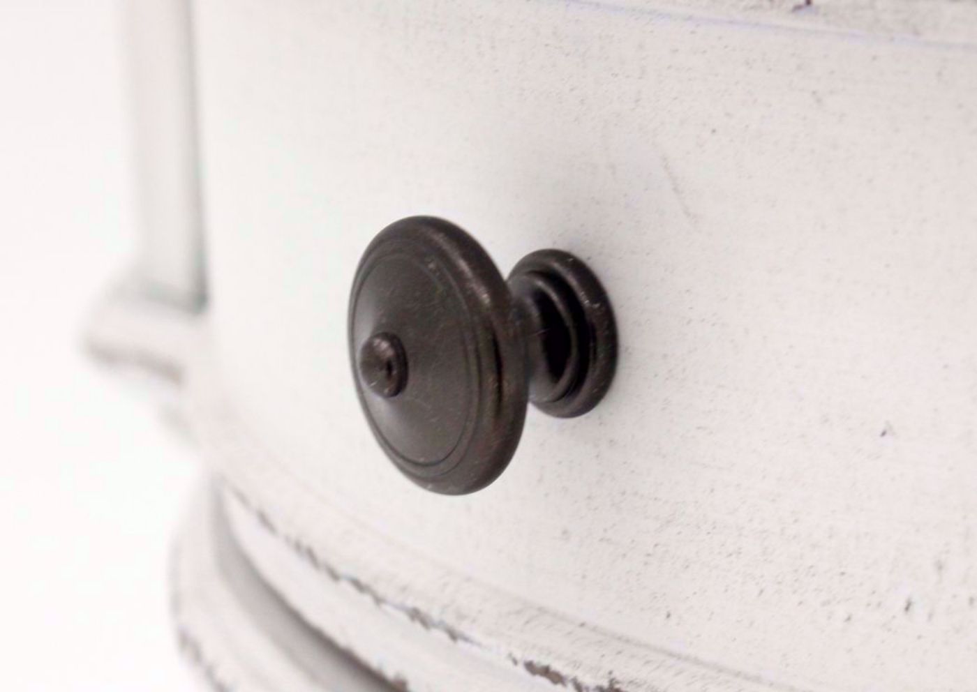 Distressed White Magnolia Manor Round Coffee Table Drawer Knob Detail | Home Furniture Plus Bedding