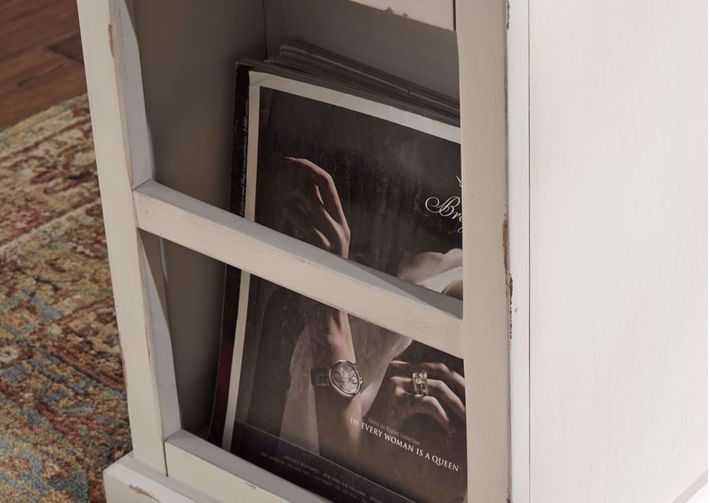 Magazine Storage Compartment on the White Laflorn Chairside End Table by Ashley Furniture | Home Furniture Plus Bedding