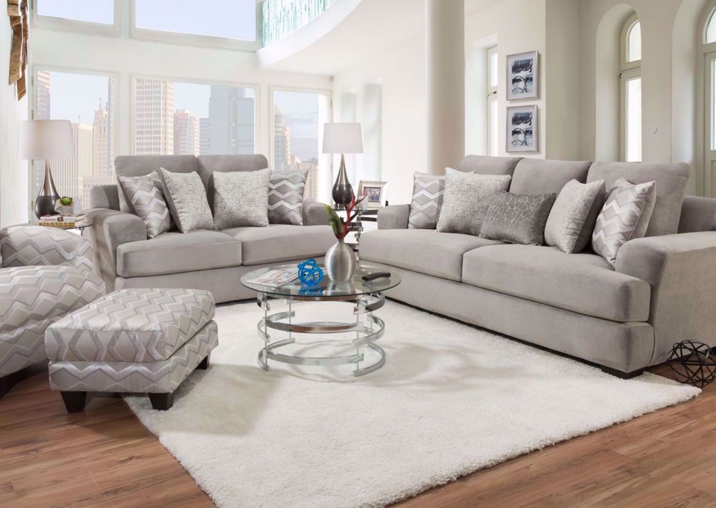 Cooper Sofa Set by Corinthian Furniture with Gray Microfiber Upholstery. Set Includes Sofa, Loveseat and Chair. Ottoman Sold Separately | Home Furniture + Mattress