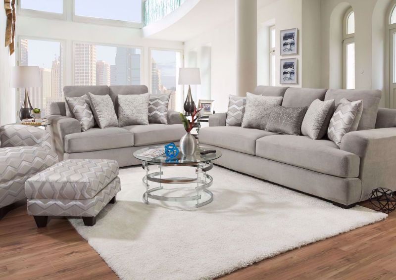 Cooper Sofa Set by Corinthian Furniture with Gray Microfiber Upholstery. Set Includes Sofa, Loveseat and Chair. Ottoman Sold Separately | Home Furniture + Mattress