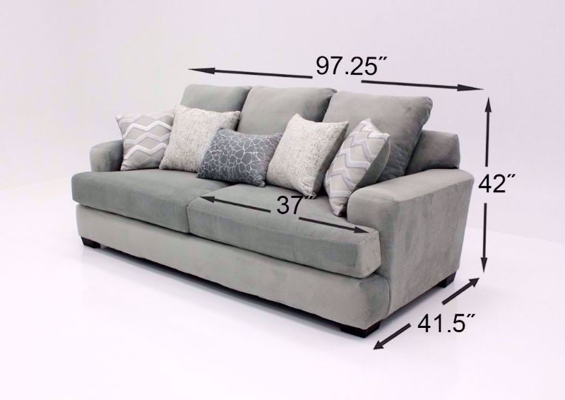 Cooper Sofa by Corinthian Furniture with Gray Microfiber Upholstery, Dimension Details Shown | Home Furniture + Mattress