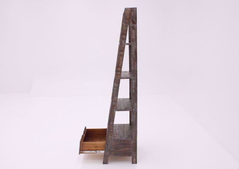 Rustic Barnwood Brown Ladder Bookcase Side View With the Drawer Open | Home Furniture Plus Ladder Bookcase Rustic Barnwood Brown Finish Detail | Home Furniture Plus Bedding