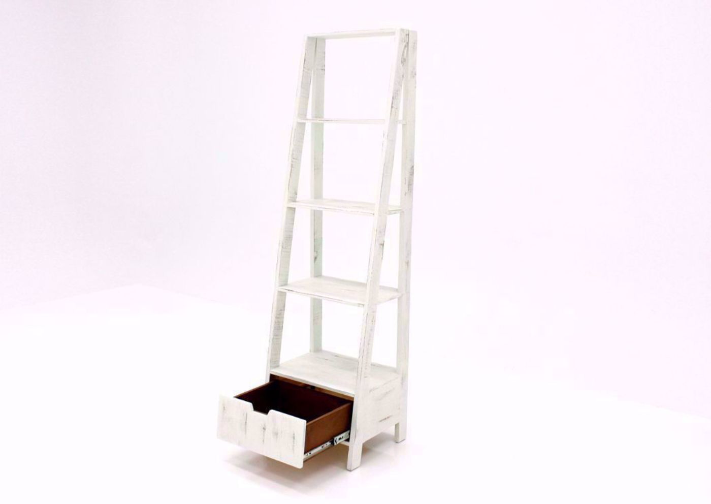 Rustic White Ladder Bookcase at an Angle With the Drawer Open | Home Furniture Plus Bedding