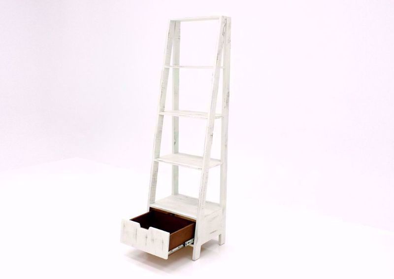 Rustic White Ladder Bookcase at an Angle With the Drawer Open | Home Furniture Plus Bedding