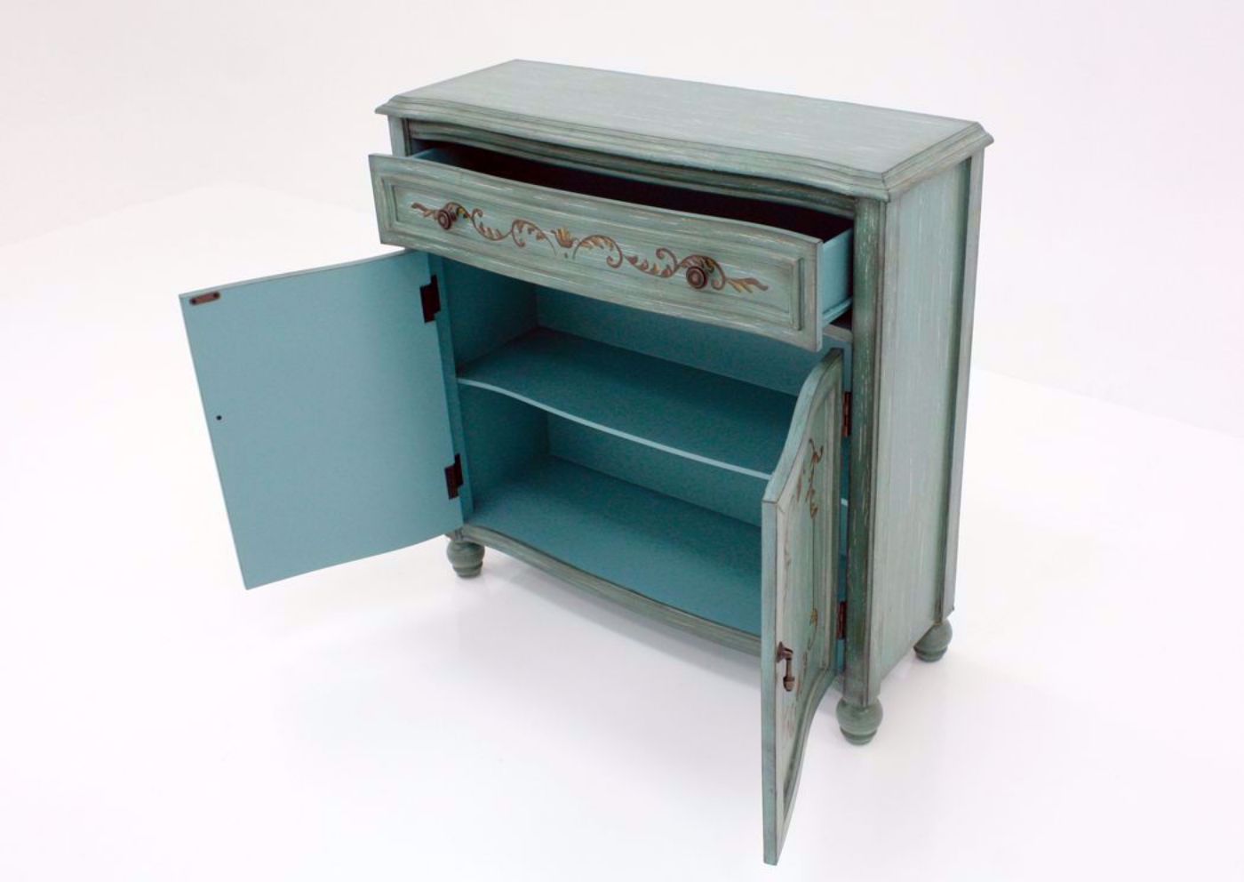 Dearington Coast Cabinet, Teal, Angle Open | Home Furniture Plus Bedding