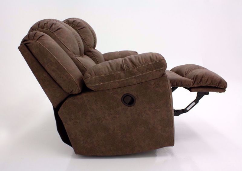 Victory Rocking Recliner Loveseat, Brown, Side View, Reclined | Home Furniture Plus Mattress