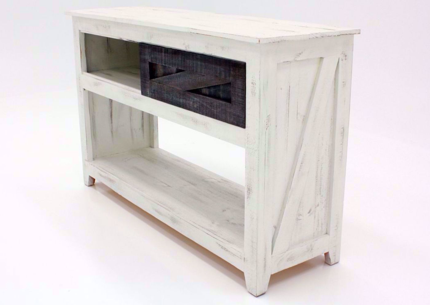 White Two-Tone Midland Sofa/Console Table at an Angle With the Door to Right | Home Furniture Plus Bedding