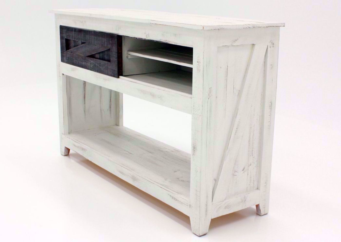 White Two-Tone Midland Sofa/Console Table at an Angle With the Door to Left | Home Furniture Plus Bedding