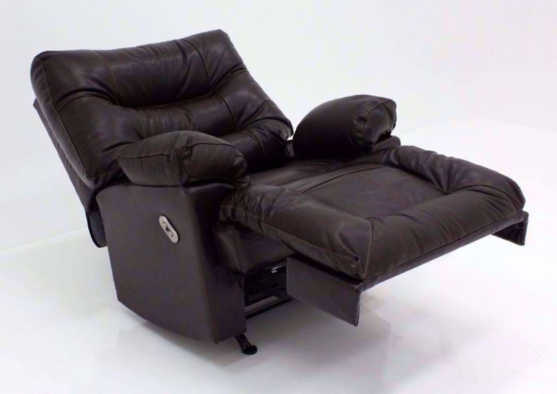 Dark Brown Boss POWER Leather Rocker Recliner at an Angle in the Fully Reclined Position | Home Furniture Plus Mattress